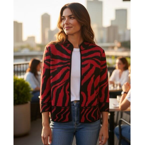 Ming Wang Open Front Knit Cardigan Jacket Red & Black Animal Print Tiger PM - Picture 1 of 16